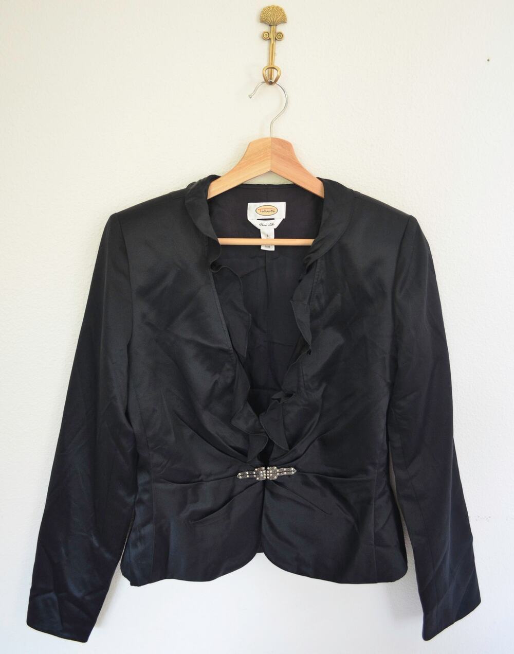 Vintage Black Silk Cropped Jacket Ruffle Neckline
